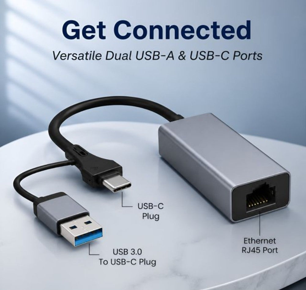 USB 3.0 & Type-C to RJ45 Gigabit Ethernet Adapter, Grey