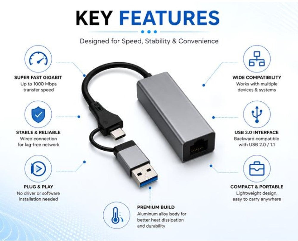 USB 3.0 & Type-C to RJ45 Gigabit Ethernet Adapter, Grey