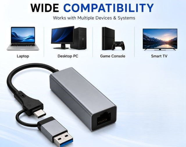 USB 3.0 & Type-C to RJ45 Gigabit Ethernet Adapter, Grey