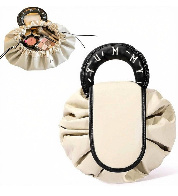 Polyester Drawstring Makeup Organizer Bag, Beige & Black