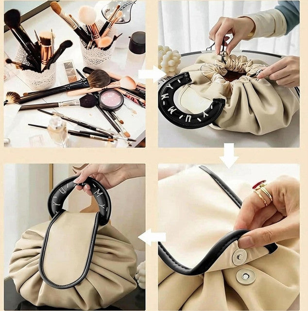 Polyester Drawstring Makeup Organizer Bag, Beige & Black