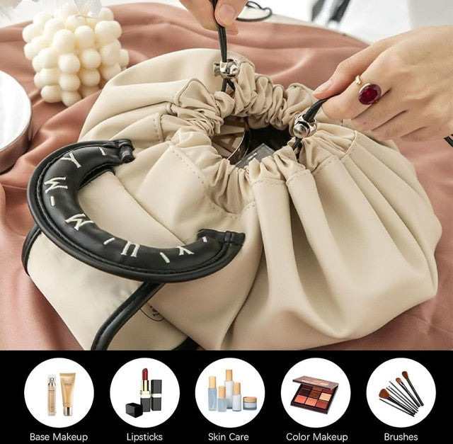 Polyester Drawstring Makeup Organizer Bag, Beige & Black