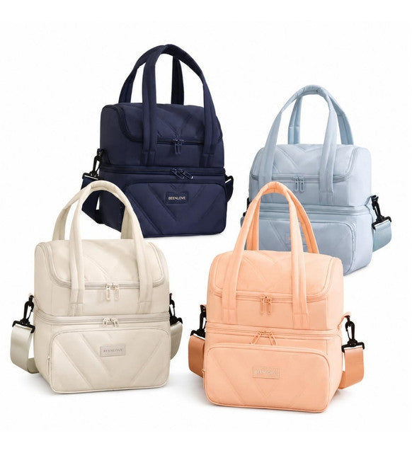 Cotton Insulated Dual Zipper Lunch Bag with Shoulder Strap