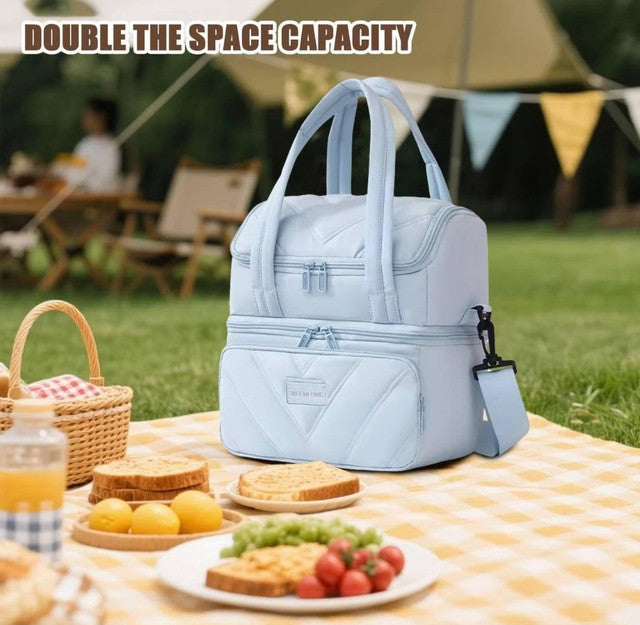 Cotton Insulated Dual Zipper Lunch Bag with Shoulder Strap