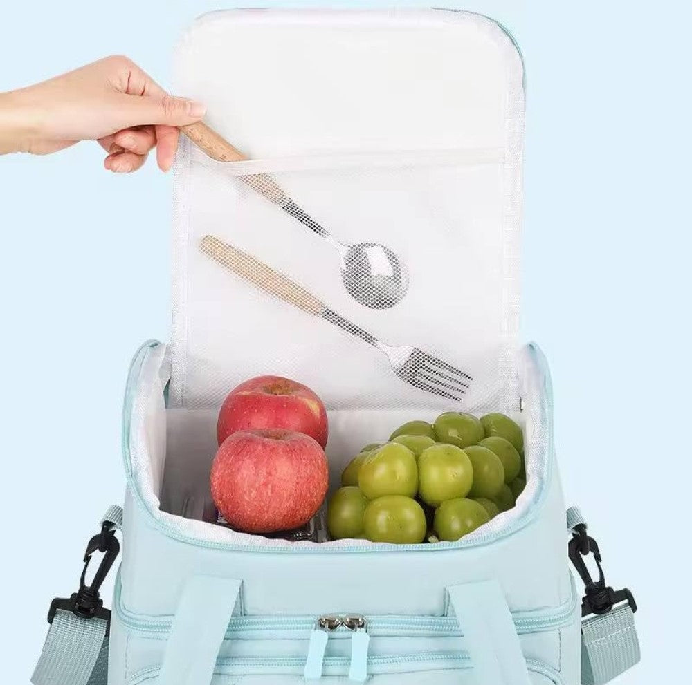 Cotton Insulated Dual Zipper Lunch Bag with Shoulder Strap