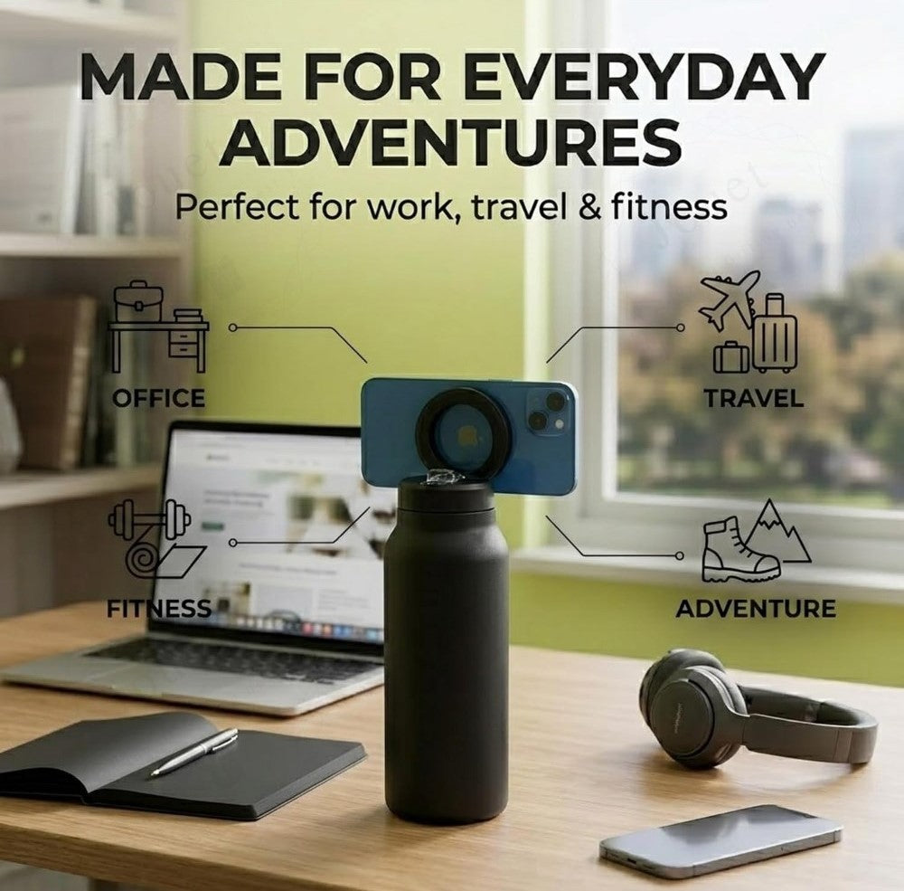 Stainless Steel Water Bottle with Magnetic Phone Holder Lid