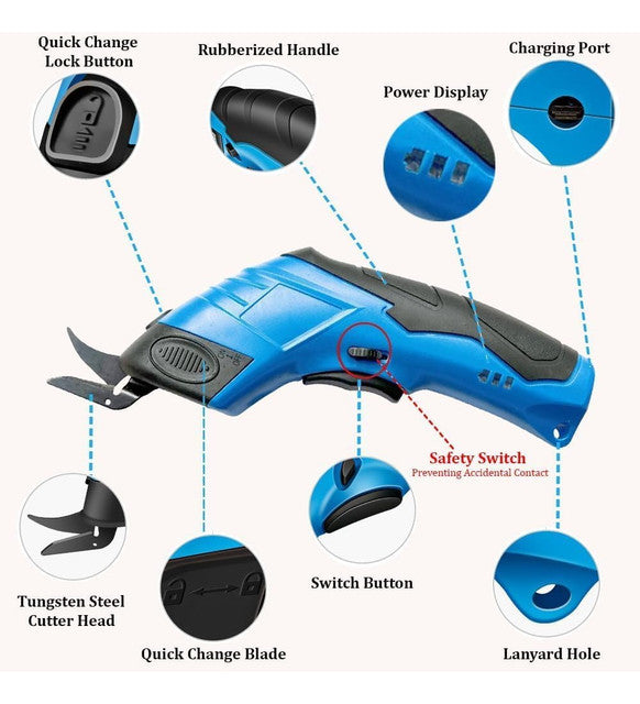 Cordless Rechargeable Electric Fabric Scissors, Blue & Black