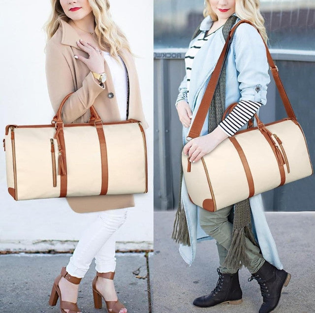 Faux Leather 2-in-1 Convertible Travel Duffel Bag, Beige
