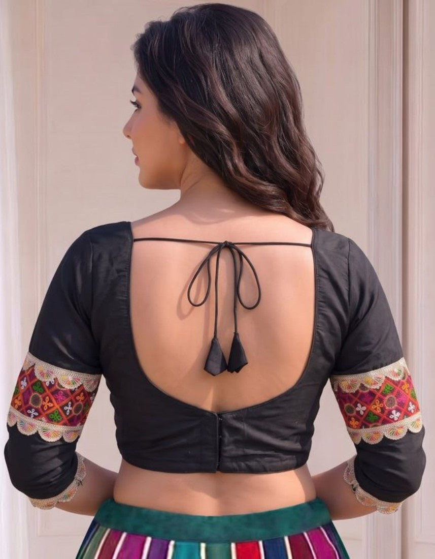Women's Cotton Blend Embroidered 3/4 Sleeve V-Neck Padded Readymade Blouse (Black, Size 38 - Self-Alterable 36-40)