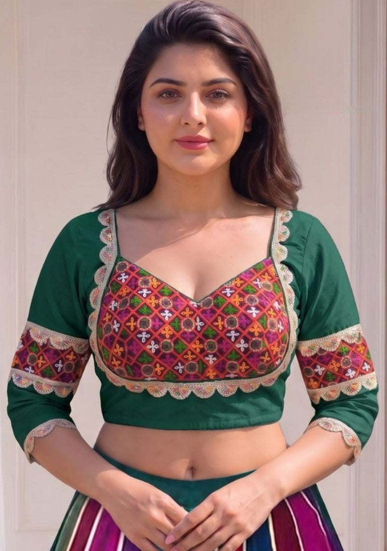 Women's Cotton Blend Embroidered 3/4 Sleeve V-Neck Padded Readymade Blouse (Green, Size 38 - Self-Alterable 36-40)
