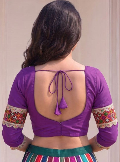 Women's Cotton Blend Embroidered 3/4 Sleeve V-Neck Padded Readymade Blouse (Purple, Size 38 - Self-Alterable 36-40)
