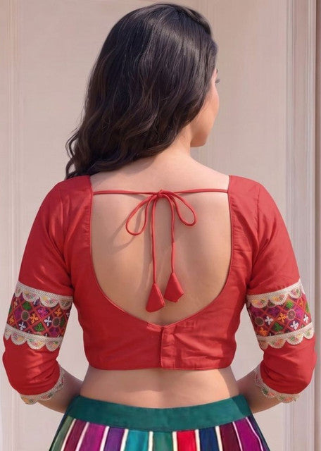 Women's Cotton Blend Embroidered 3/4 Sleeve V-Neck Padded Readymade Blouse (Red, Size 38 - Self-Alterable 36-40)
