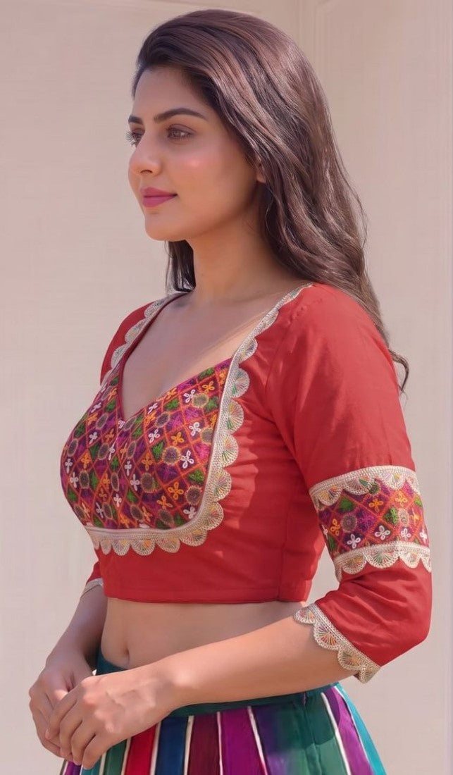 Women's Cotton Blend Embroidered 3/4 Sleeve V-Neck Padded Readymade Blouse (Red, Size 38 - Self-Alterable 36-40)