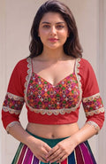 Women's Cotton Blend Embroidered 3/4 Sleeve V-Neck Padded Readymade Blouse (Red, Size 38 - Self-Alterable 36-40)