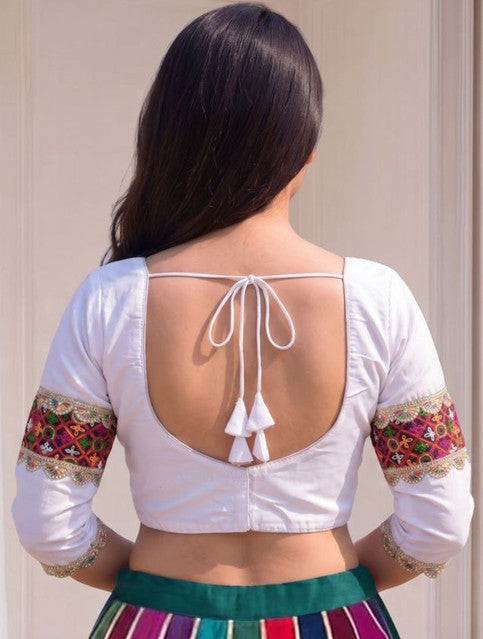 Women's Cotton Blend Embroidered 3/4 Sleeve V-Neck Padded Readymade Blouse (White, Size 38 - Self-Alterable 36-40)