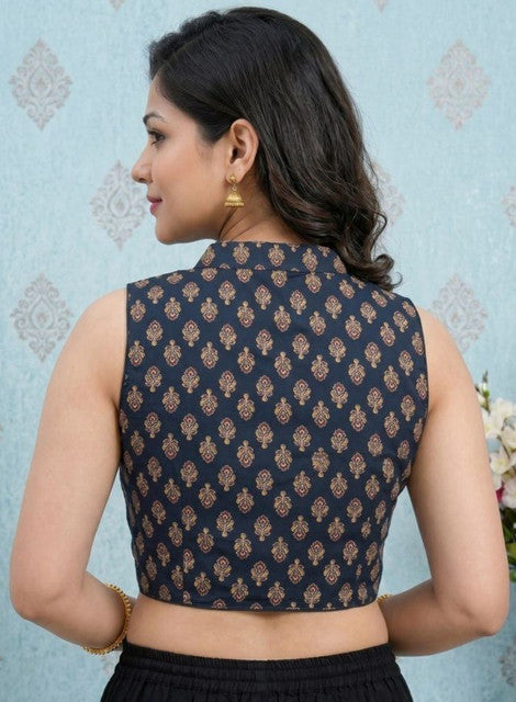 Women's Ajrakh Cotton Ajarkh Sleeveless Collar Neck Padded Readymade Blouse (Black, Size 38 - Self-Alterable 36-40)