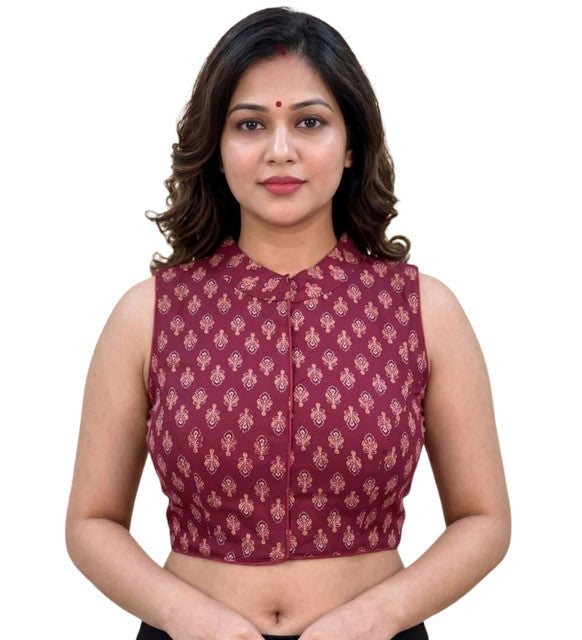 Women's Ajrakh Cotton Ajarkh Sleeveless Collar Neck Padded Readymade Blouse (Maroon, Size 38 - Self-Alterable 36-40)