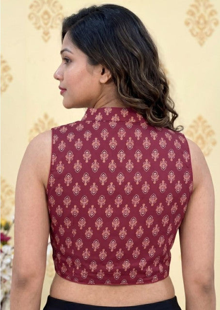 Women's Ajrakh Cotton Ajarkh Sleeveless Collar Neck Padded Readymade Blouse (Maroon, Size 38 - Self-Alterable 36-40)