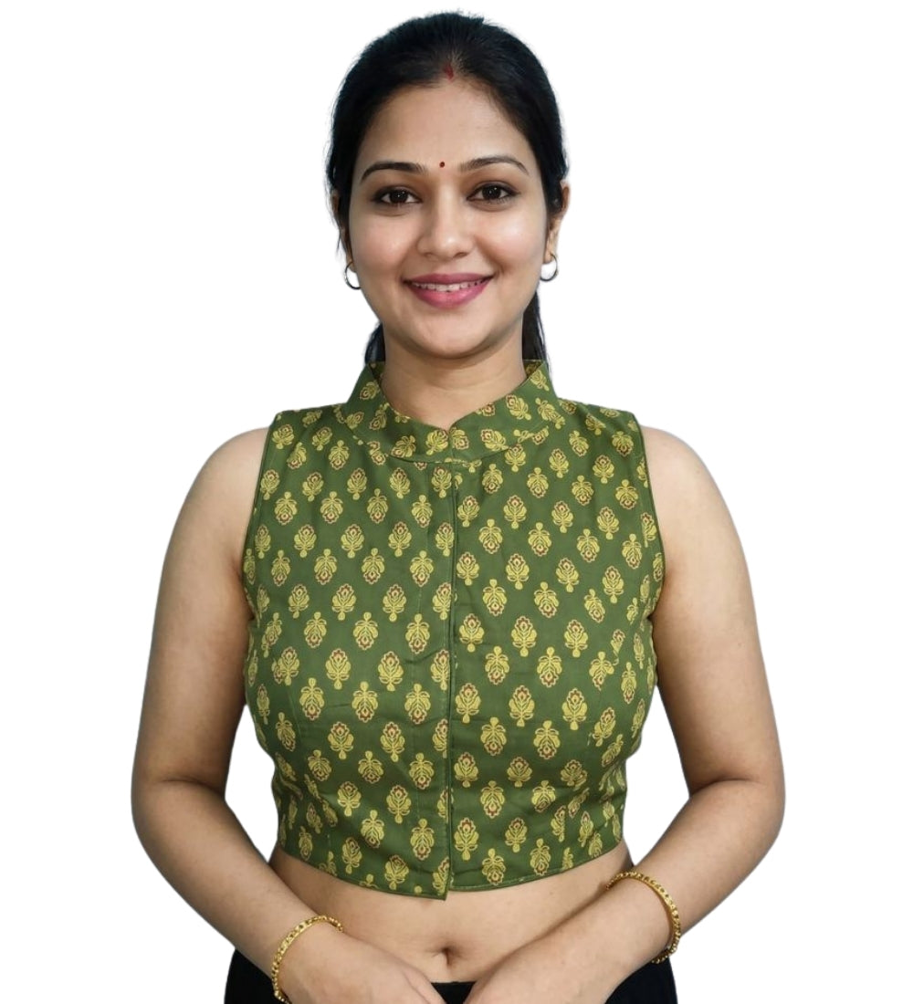 Women's Ajrakh Cotton Ajarkh Sleeveless Collar Neck Padded Readymade Blouse (Olive, Size 38 - Self-Alterable 36-40)