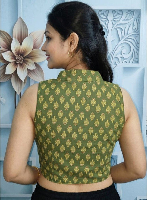 Women's Ajrakh Cotton Ajarkh Sleeveless Collar Neck Padded Readymade Blouse (Olive, Size 38 - Self-Alterable 36-40)