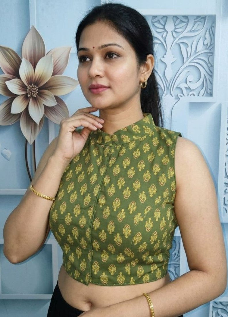 Women's Ajrakh Cotton Ajarkh Sleeveless Collar Neck Padded Readymade Blouse (Olive, Size 38 - Self-Alterable 36-40)