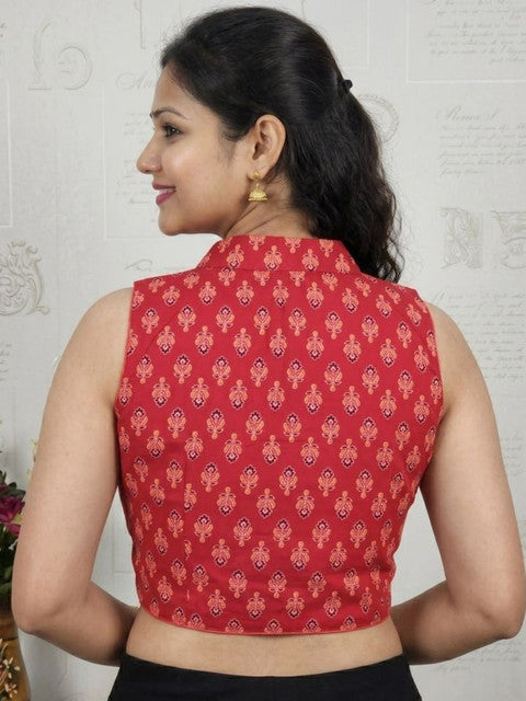 Women's Ajrakh Cotton Ajarkh Sleeveless Collar Neck Padded Readymade Blouse (Red, Size 38 - Self-Alterable 36-40)