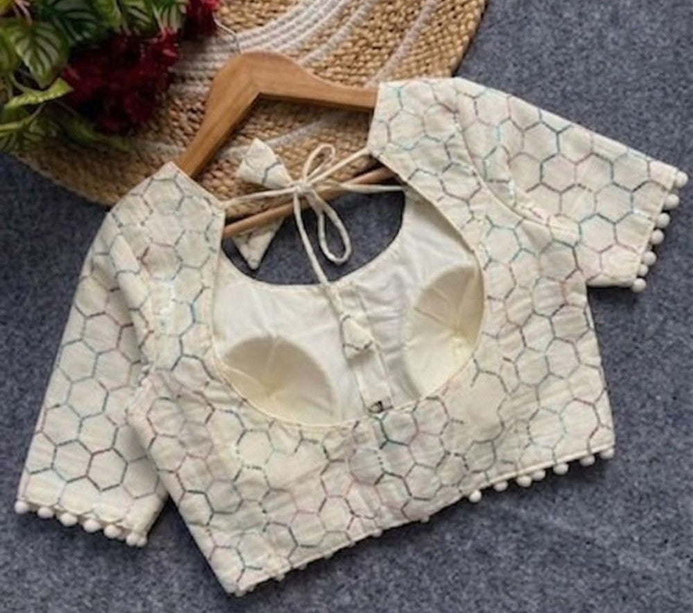 Women's Cotton Printed Half sleeve Round Neck Padded Readymade Blouse (Cream, Size 38 - Self-Alterable 36-40)
