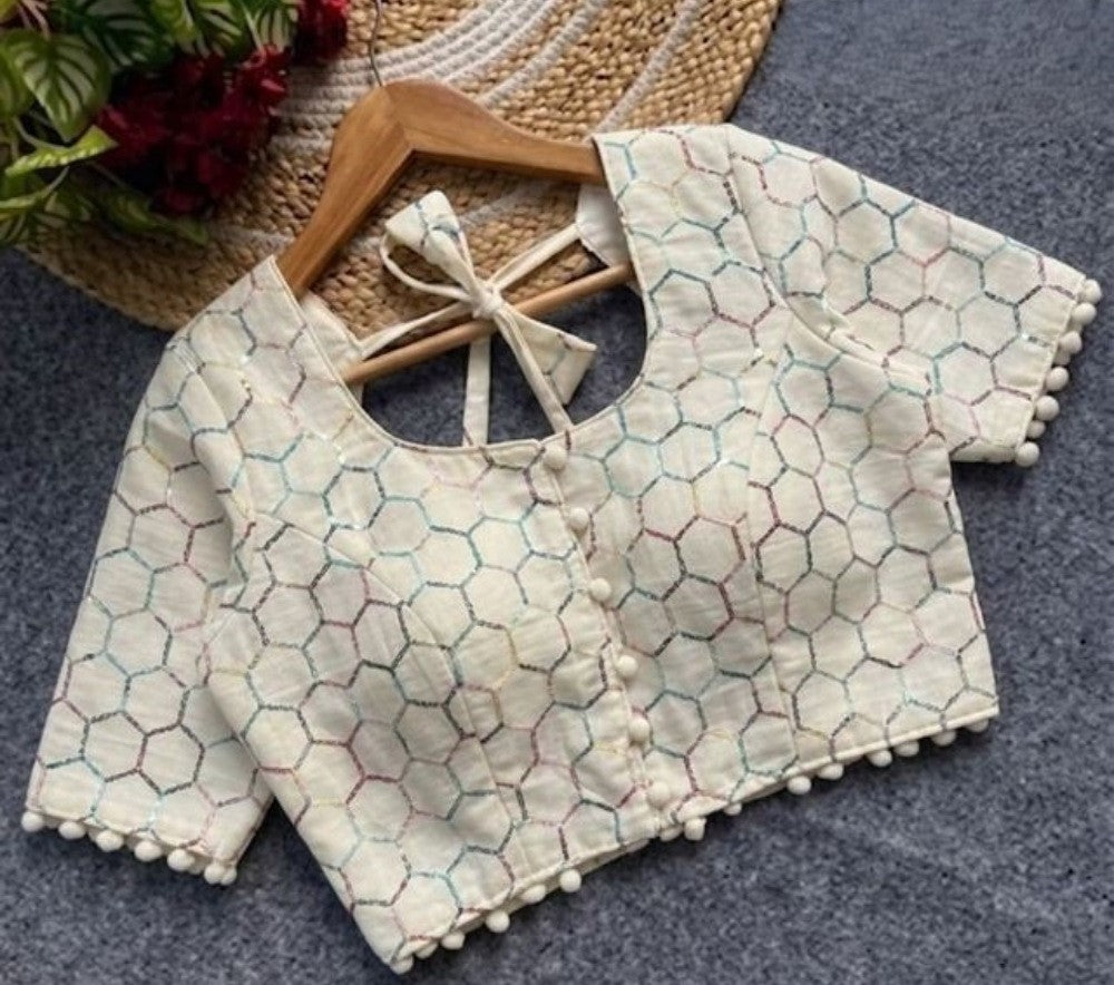 Women's Cotton Printed Half sleeve Round Neck Padded Readymade Blouse (Cream, Size 38 - Self-Alterable 36-40)