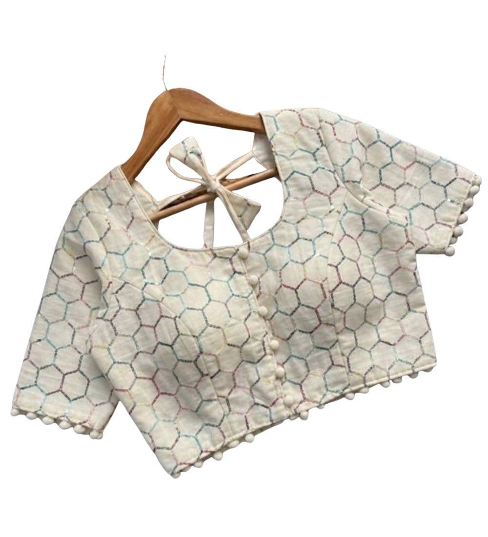 Women's Cotton Printed Half sleeve Round Neck Padded Readymade Blouse (Cream, Size 38 - Self-Alterable 36-40)