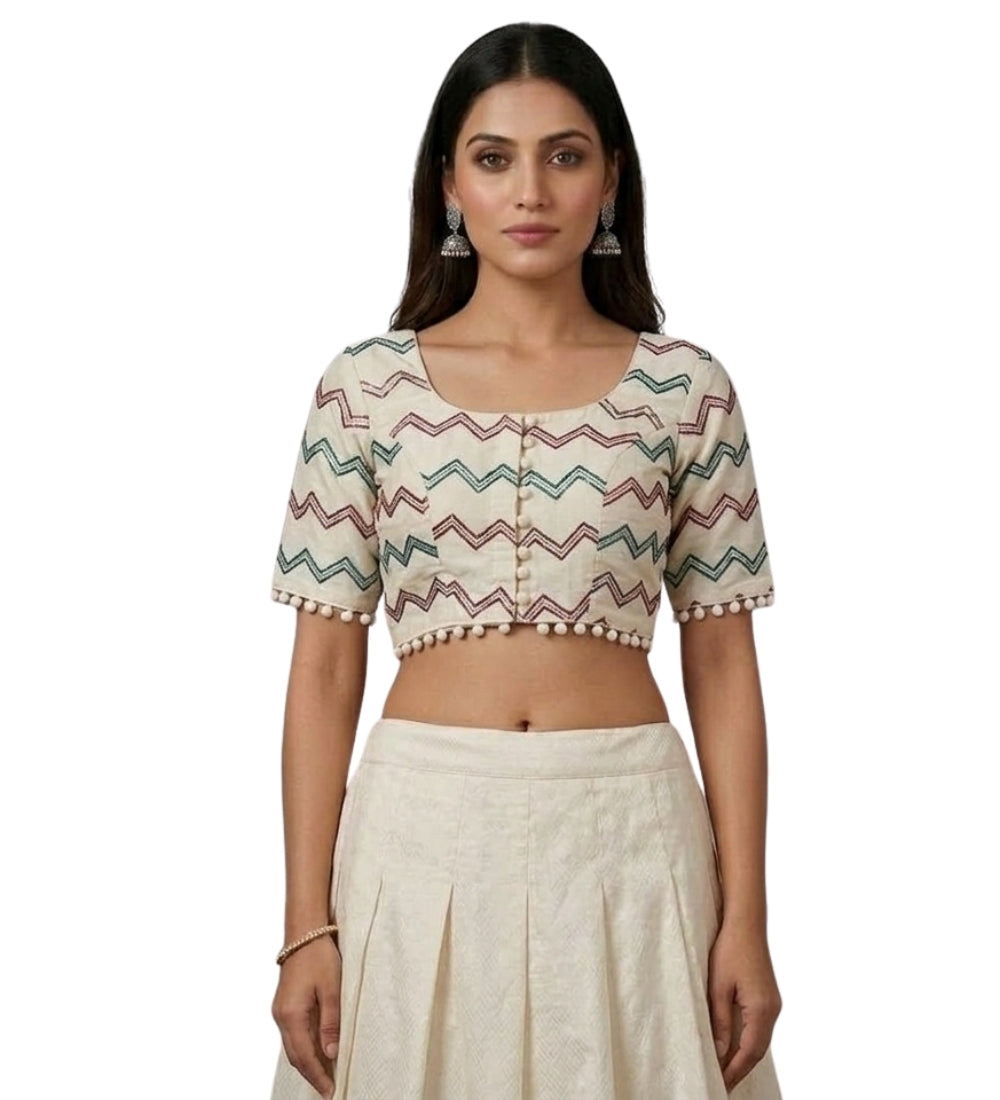 Women's Cotton Printed Half sleeve Round Neck Padded Readymade Blouse (Cream, Size 38 - Self-Alterable 36-40)