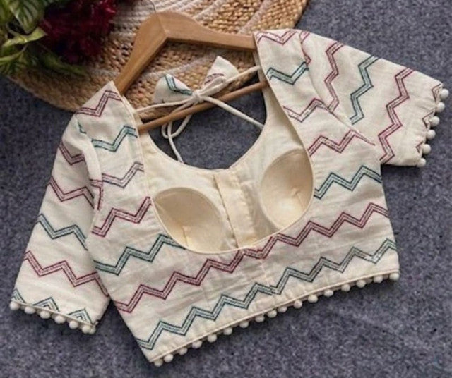 Women's Cotton Printed Half sleeve Round Neck Padded Readymade Blouse (Cream, Size 38 - Self-Alterable 36-40)