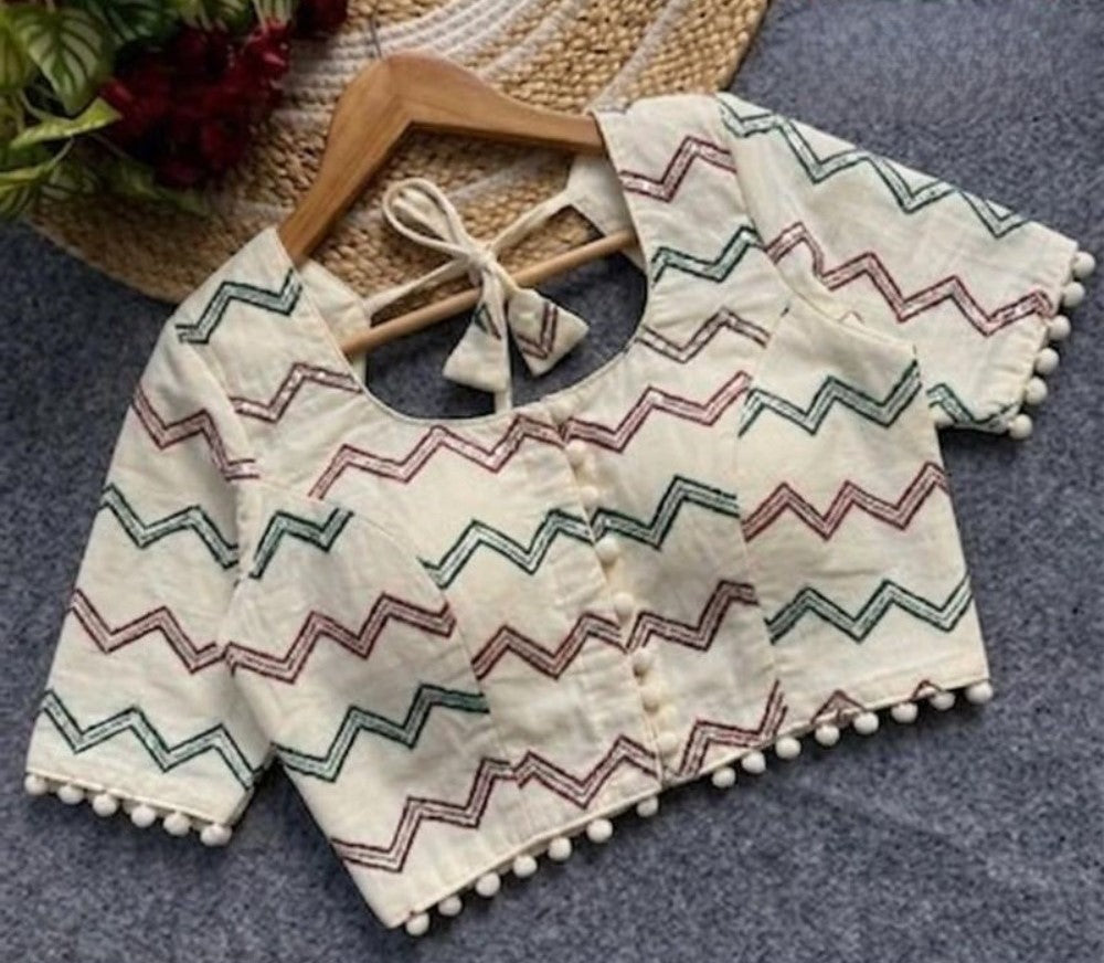 Women's Cotton Printed Half sleeve Round Neck Padded Readymade Blouse (Cream, Size 38 - Self-Alterable 36-40)