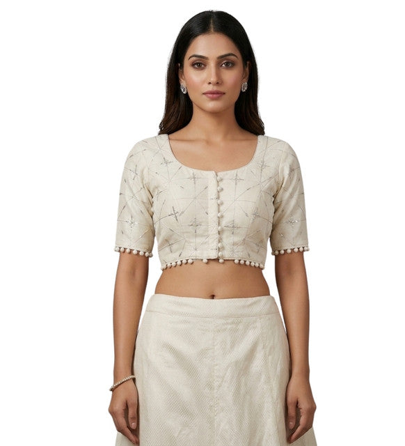 Women's Cotton Printed Half sleeve Round Neck Padded Readymade Blouse (Cream, Size 38 - Self-Alterable 36-40)