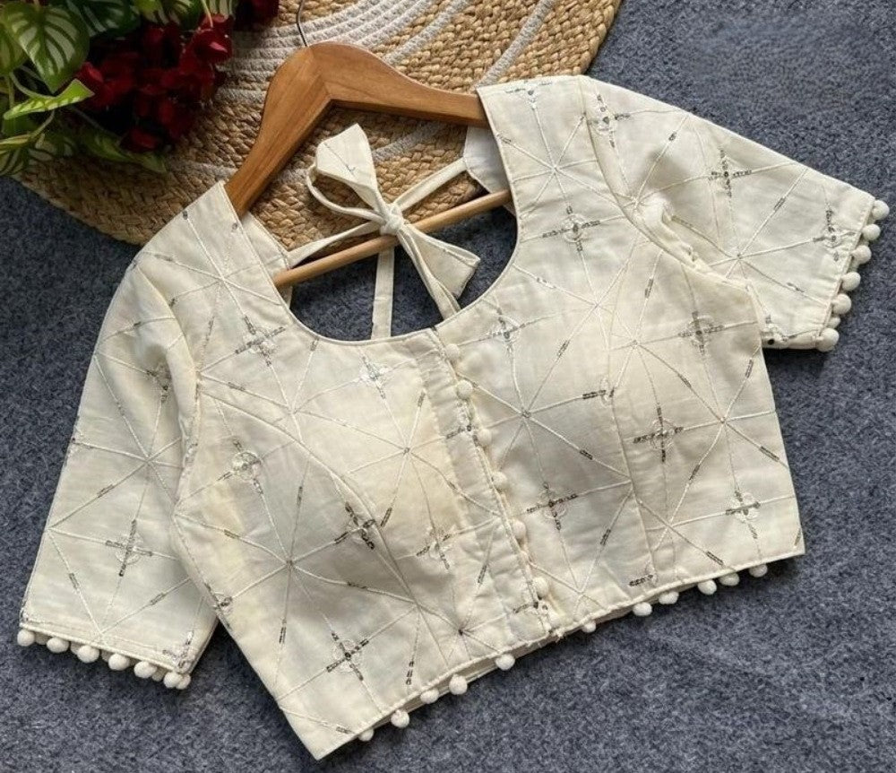 Women's Cotton Printed Half sleeve Round Neck Padded Readymade Blouse (Cream, Size 38 - Self-Alterable 36-40)