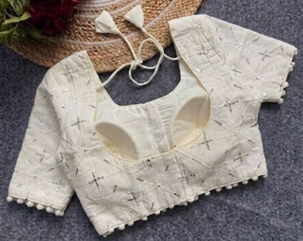 Women's Cotton Printed Half sleeve Round Neck Padded Readymade Blouse (Cream, Size 38 - Self-Alterable 36-40)