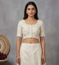 Women's Cotton Printed Half sleeve Round Neck Padded Readymade Blouse (Cream, Size 38 - Self-Alterable 36-40)