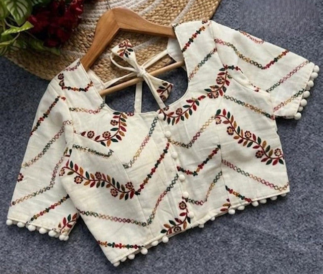 Women's Cotton Printed Half sleeve Round Neck Padded Readymade Blouse (Cream, Size 38 - Self-Alterable 36-40)