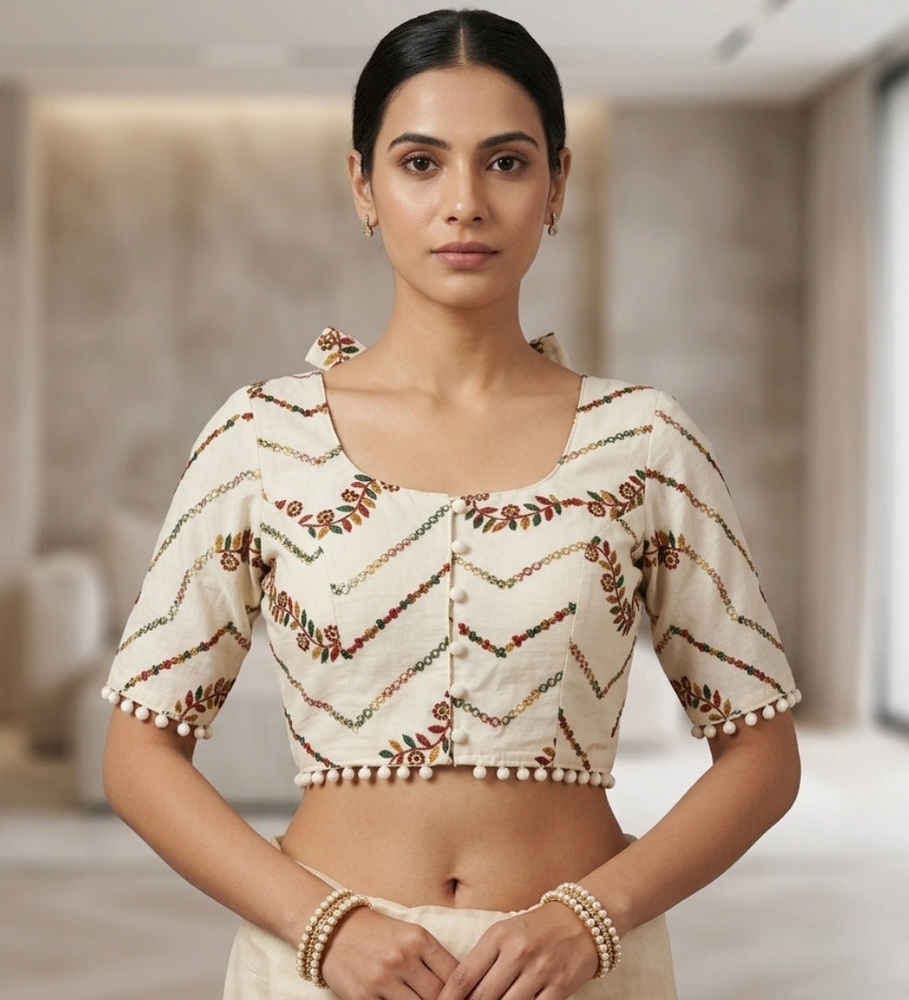Women's Cotton Printed Half sleeve Round Neck Padded Readymade Blouse (Cream, Size 38 - Self-Alterable 36-40)