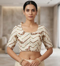 Women's Cotton Printed Half sleeve Round Neck Padded Readymade Blouse (Cream, Size 38 - Self-Alterable 36-40)