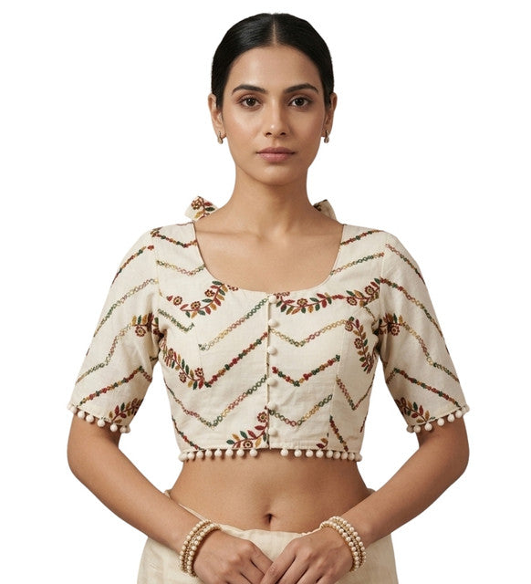 Women's Cotton Printed Half sleeve Round Neck Padded Readymade Blouse (Cream, Size 38 - Self-Alterable 36-40)