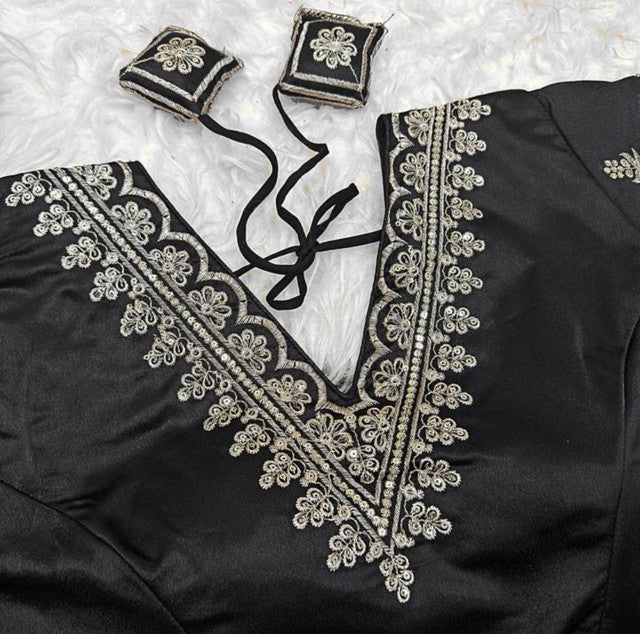 Women's Satin Embroidered Half sleeve V-Neck Padded Readymade Blouse (Black, Size 38 - Self-Alterable 36-40)