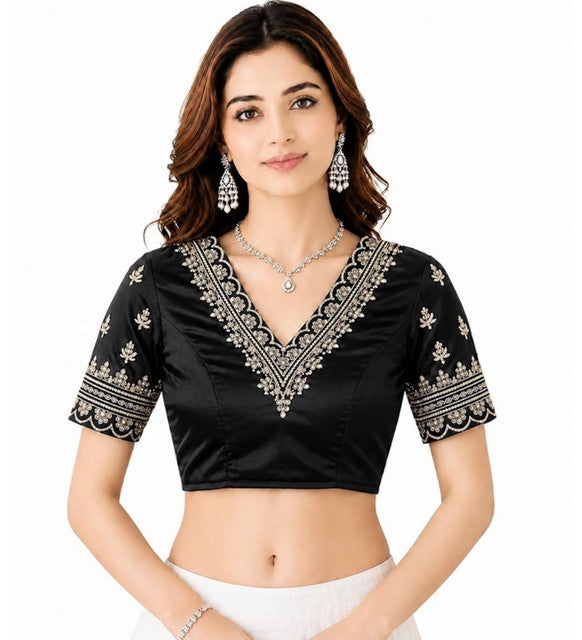 Women's Satin Embroidered Half sleeve V-Neck Padded Readymade Blouse (Black, Size 38 - Self-Alterable 36-40)