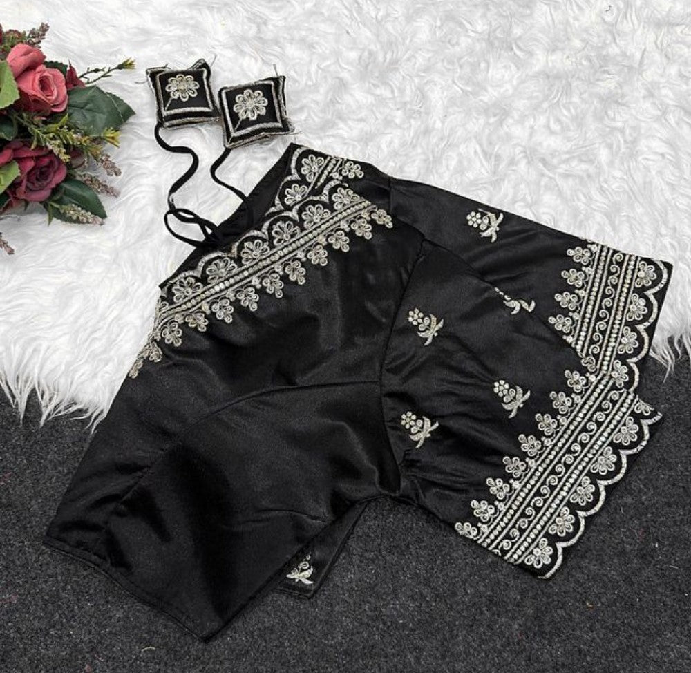 Women's Satin Embroidered Half sleeve V-Neck Padded Readymade Blouse (Black, Size 38 - Self-Alterable 36-40)