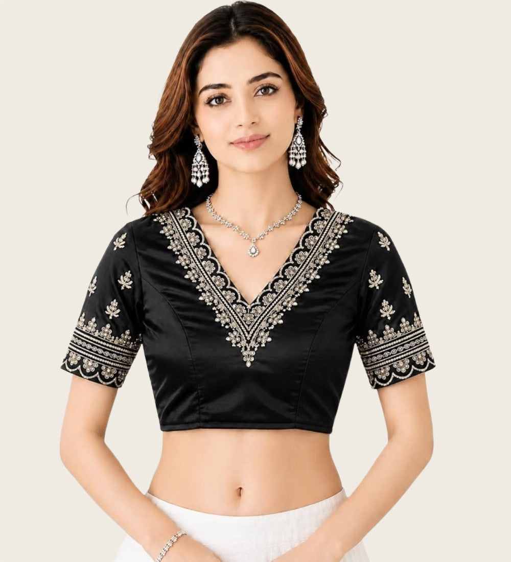 Women's Satin Embroidered Half sleeve V-Neck Padded Readymade Blouse (Black, Size 38 - Self-Alterable 36-40)