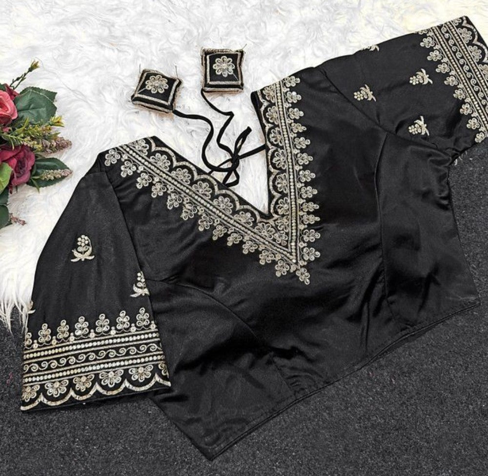 Women's Satin Embroidered Half sleeve V-Neck Padded Readymade Blouse (Black, Size 38 - Self-Alterable 36-40)