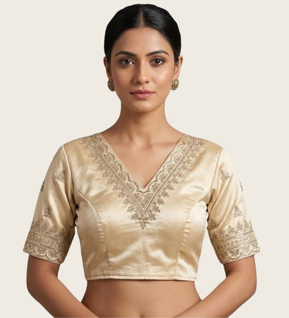 Women's Satin Embroidered Half sleeve V-Neck Padded Readymade Blouse (Cream, Size 38 - Self-Alterable 36-40)