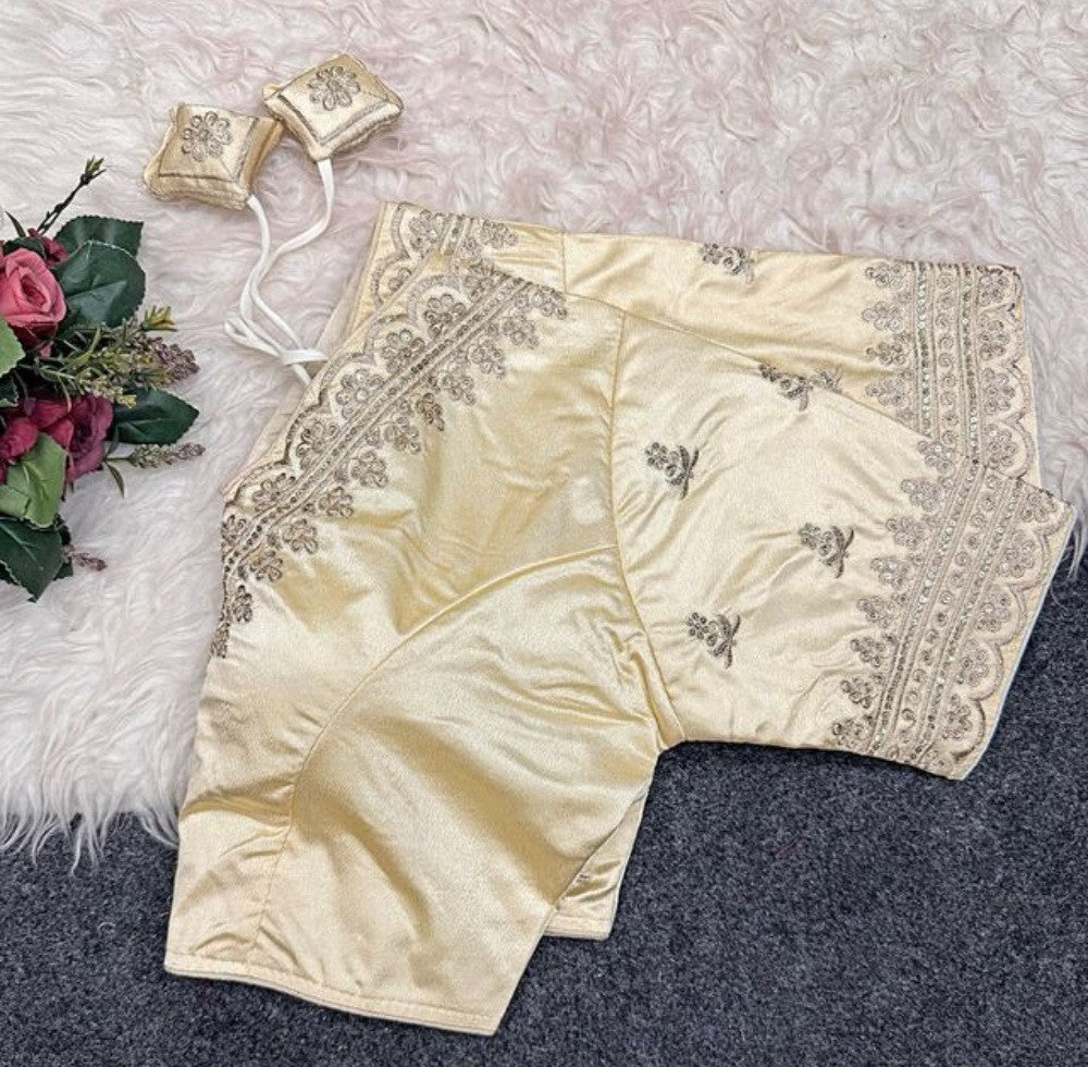 Women's Satin Embroidered Half sleeve V-Neck Padded Readymade Blouse (Cream, Size 38 - Self-Alterable 36-40)