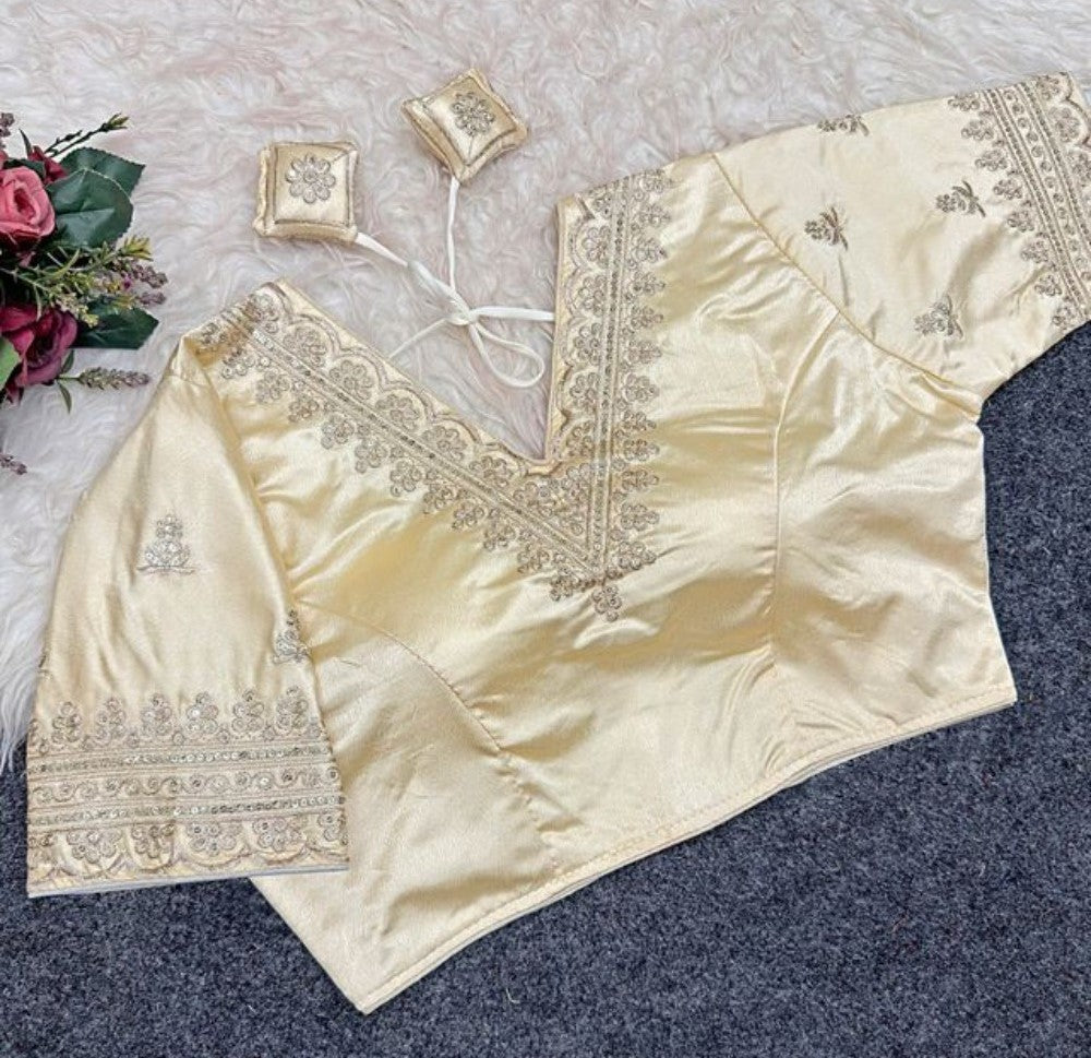 Women's Satin Embroidered Half sleeve V-Neck Padded Readymade Blouse (Cream, Size 38 - Self-Alterable 36-40)