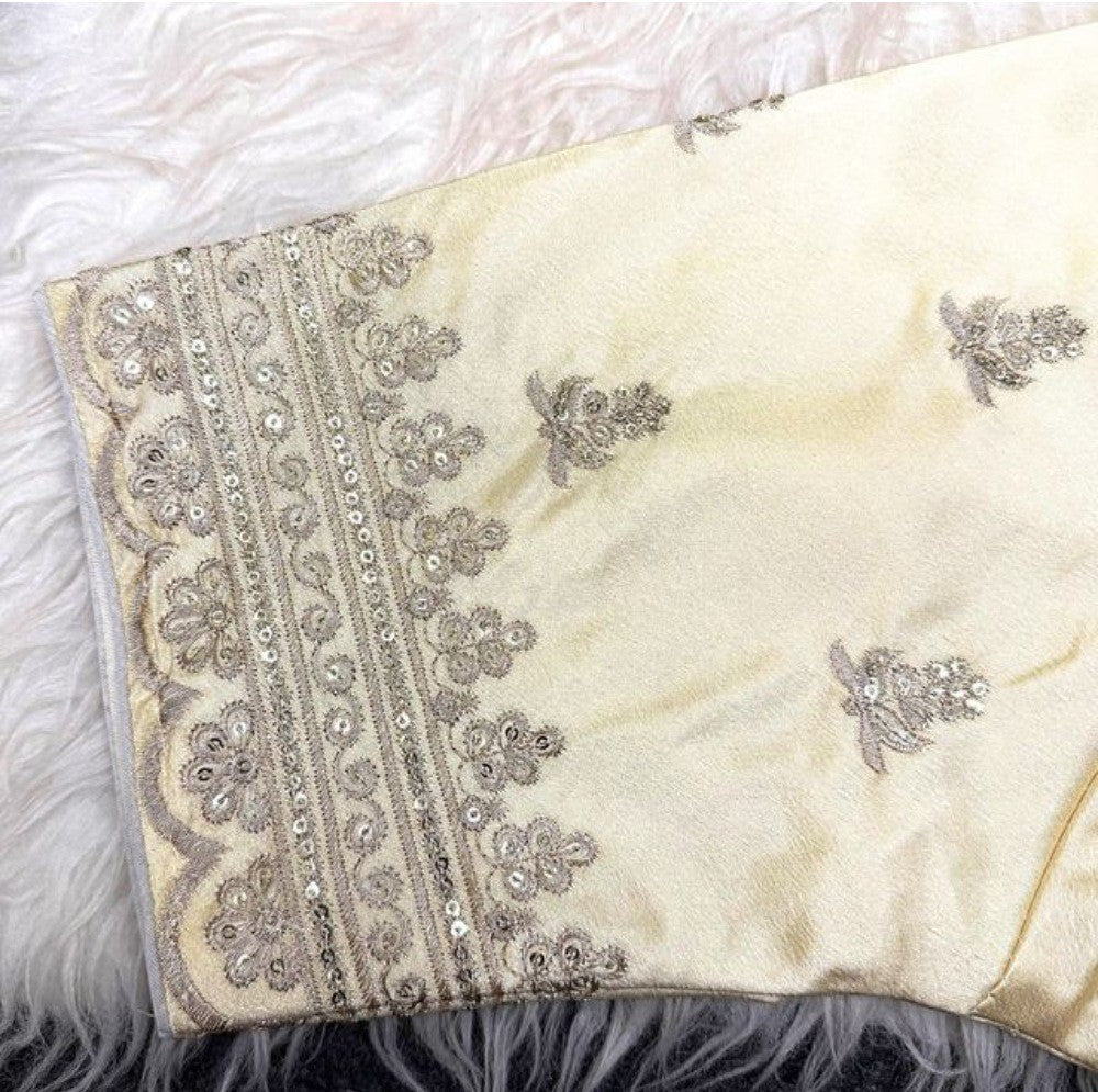 Women's Satin Embroidered Half sleeve V-Neck Padded Readymade Blouse (Cream, Size 38 - Self-Alterable 36-40)