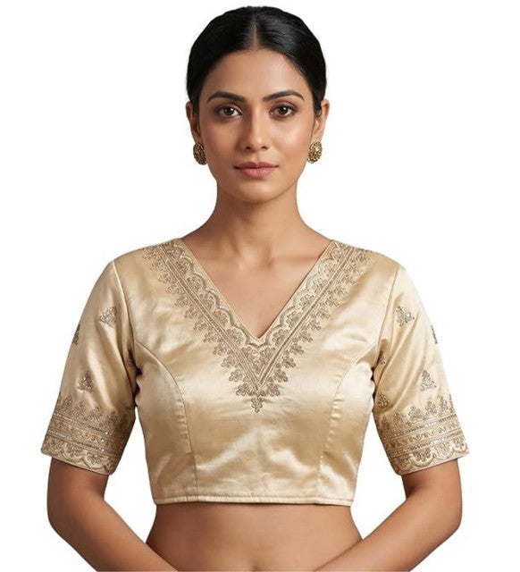 Women's Satin Embroidered Half sleeve V-Neck Padded Readymade Blouse (Cream, Size 38 - Self-Alterable 36-40)